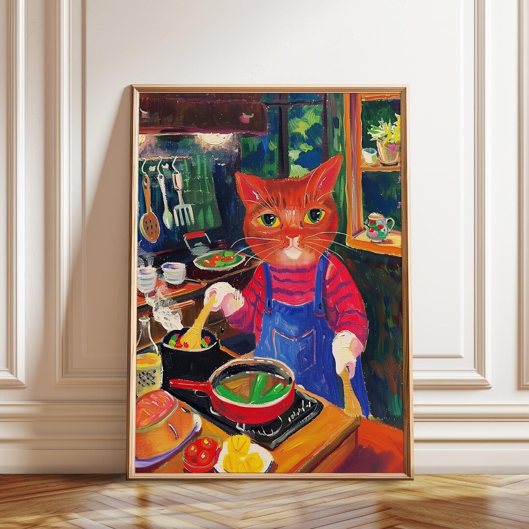 black cat chef art print: boho kitchen cooking poster... Culinary Cat Art Print: Whimsical Kitchen Wall Decor - Etsy