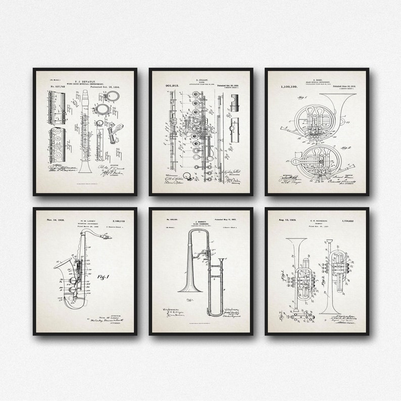May include: A set of six vintage black and white patent drawings of musical instruments. The instruments include a clarinet, flute, french horn, saxophone, trombone, and trumpet. Each drawing includes the patent number, inventor, and date.