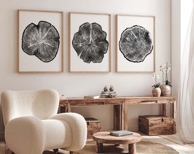 Tree Ring Art Prints Set of 3 Black and White Tree Ring Decor Botanical Tree Ring Prints