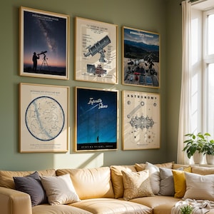 May include: A gallery wall featuring six framed posters with astronomy themes. The prints include a silhouette of a person with a telescope, a technical telescope patent drawing, a stargazer's toolkit, a stellar map, an infinite skies landscape, and an astronomy diagram.