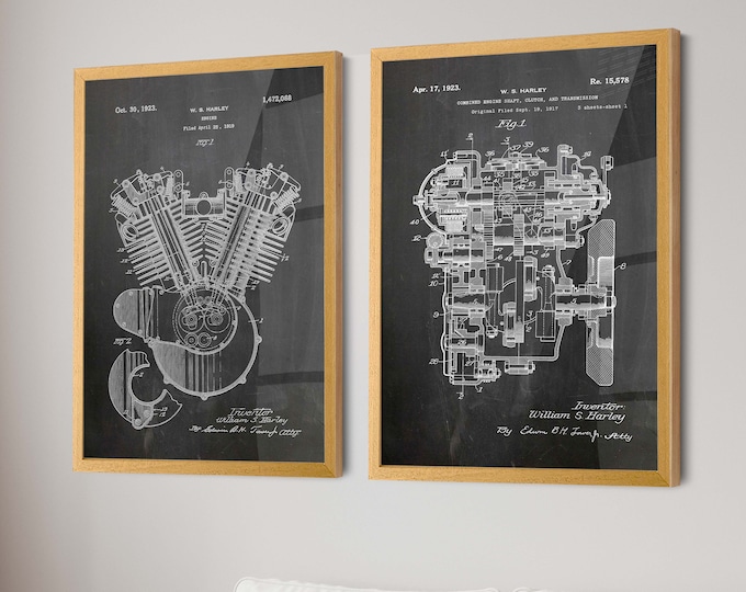 Ride in Style: Harley Davidson Engine Patent Set of 2 - Perfect Wall Art & Gifts for Harley Enthusiasts, Ideal Bikers Club Deco - WB302-307