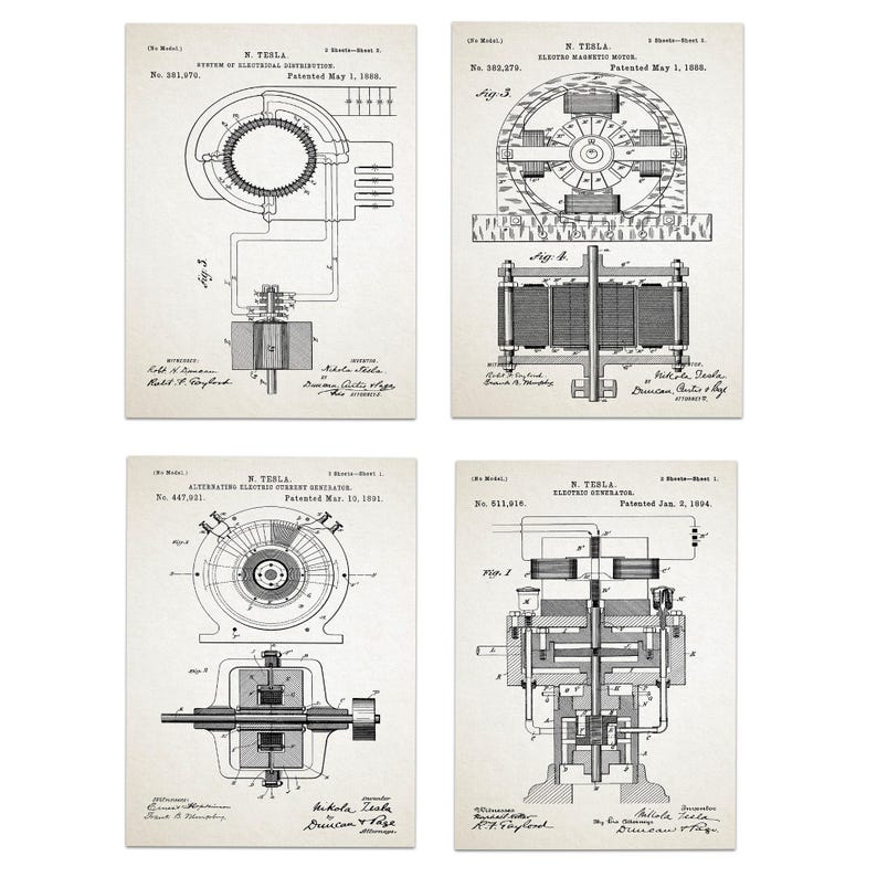 Tesla Inventions Nikola Tesla Poster Tesla Prints Tesla Wall Art Set of 4 Tesla Invention Prints Invention - Poster, Framed and Canvas Print Ivory