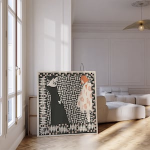 May include: A square wall art print featuring a black and white geometric background with two figures. One figure wears a long black dress, while the other wears a white coat with orange circular patterns. The border consists of small orange squares.