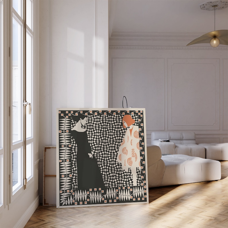 May include: A square wall art print featuring a black and white geometric background with two figures. One figure wears a long black dress, while the other wears a white coat with orange circular patterns. The border consists of small orange squares.