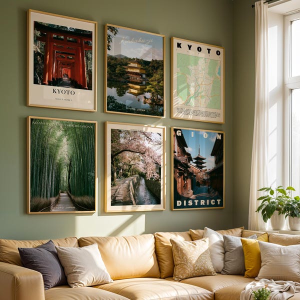 Kyoto-set van 6 posters | Reisafdrukken tempel Japan | Klassiek kunstdecor