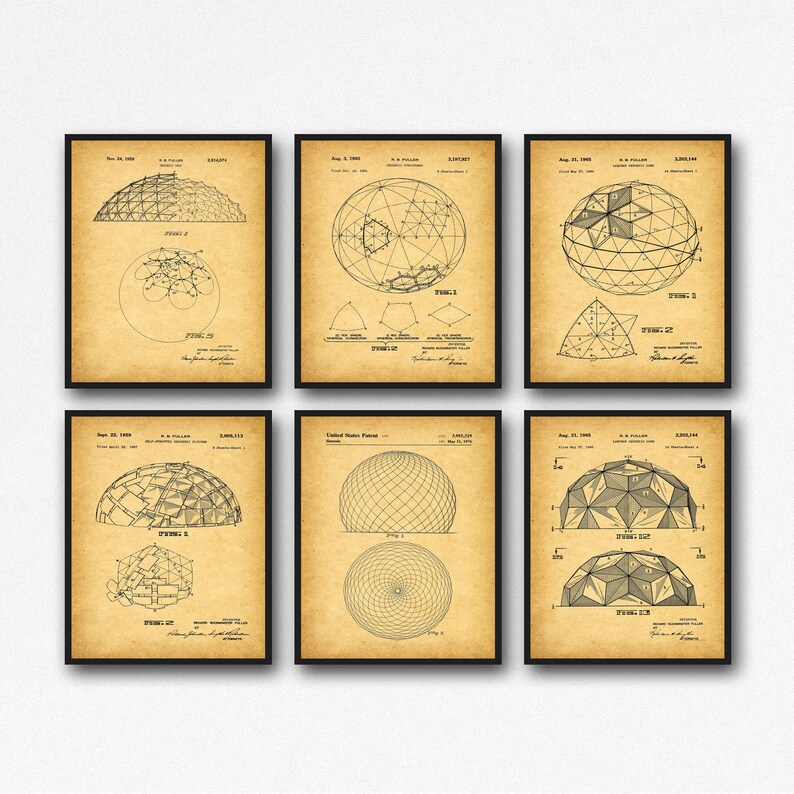 Puede incluir: Un conjunto de seis l&aacute;minas de arte mural enmarcadas con ilustraciones de patentes estadounidenses de estilo vintage de estructuras de c&uacute;pulas geod&eacute;sicas de R. Buckminster Fuller. Cada l&aacute;mina muestra dibujos t&eacute;cnicos en negro sobre un fondo beige.