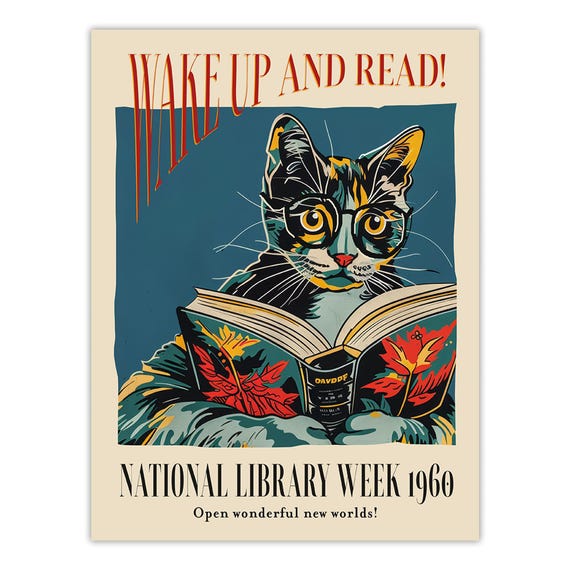 1960年全国図書館週間ポスター：本を読む猫、ヴィンテージスタイル