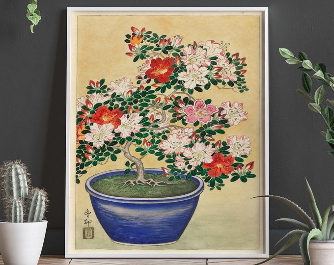 Japanese Woodblock Art Print of Blooming Azalea in Blue Pot by Ohara Koson - Elegant Wall Decor for Home and Office