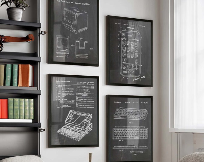 Apple Computer and iPhone Patent Poster Set of 4 - Unique Wall Decor Tech Gift with Apple Laptop, Mac, iPhone, and Keyboard Patents - WB040