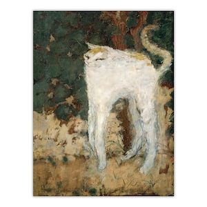 Pode incluir: Uma pintura a &oacute;leo retratando um gato branco de corpo longo e esguio em perfil. O gato tem uma mancha de pelo castanho claro na cabe&ccedil;a e uma cauda curva. O fundo apresenta folhagem verde escura e tons de castanho terrosos.