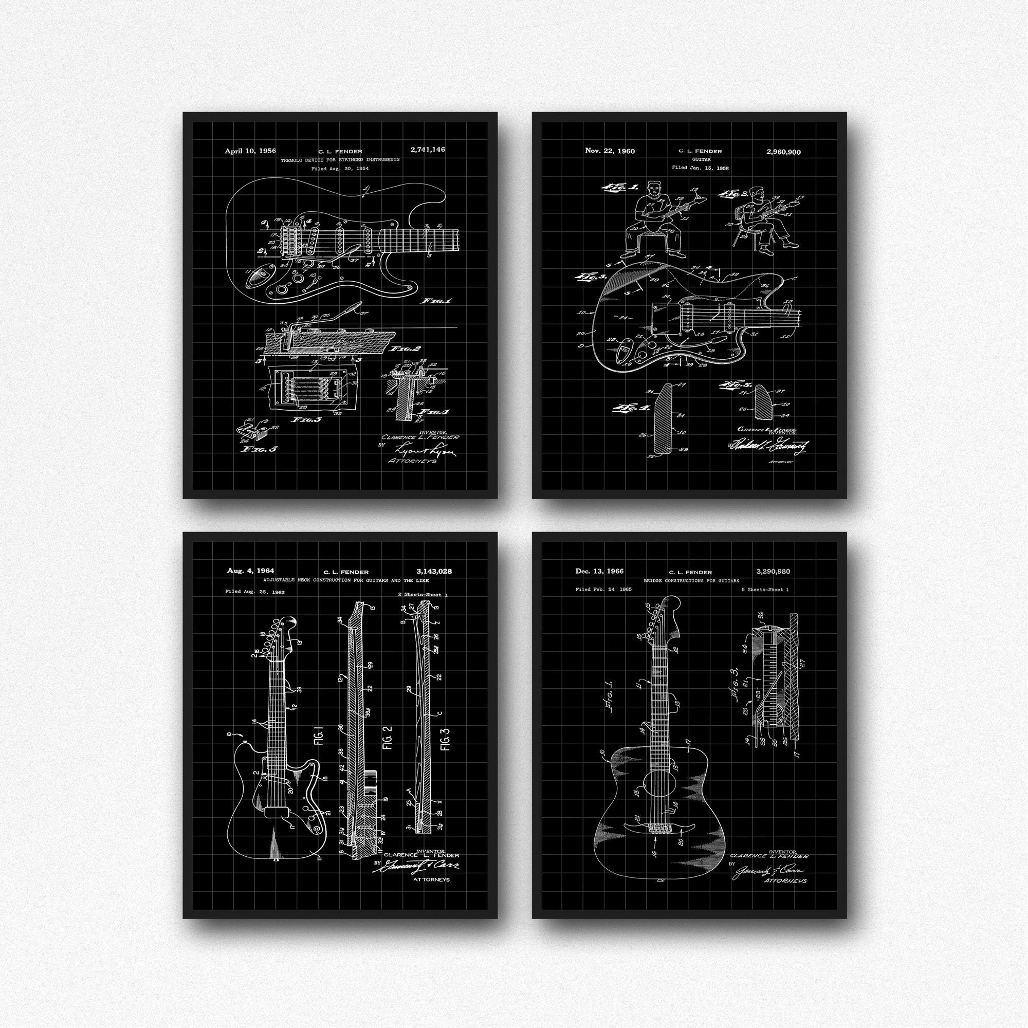 Rare Guitar Posters Guitar Inventions Wall Art Guitar Gift Set of 4