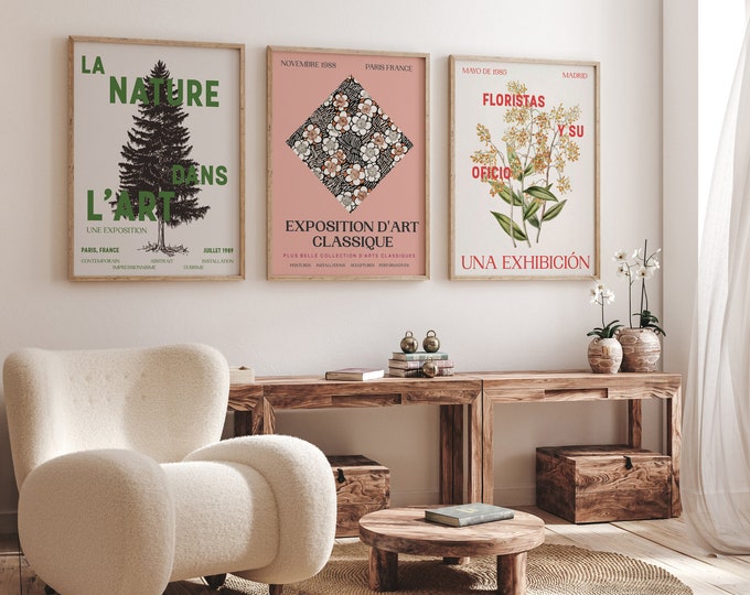 Enchanting Set of 3 Nature-Inspired Wall Art Exhibition Posters - Botanical Trees and Blooms for Charming Country Style Room Decor