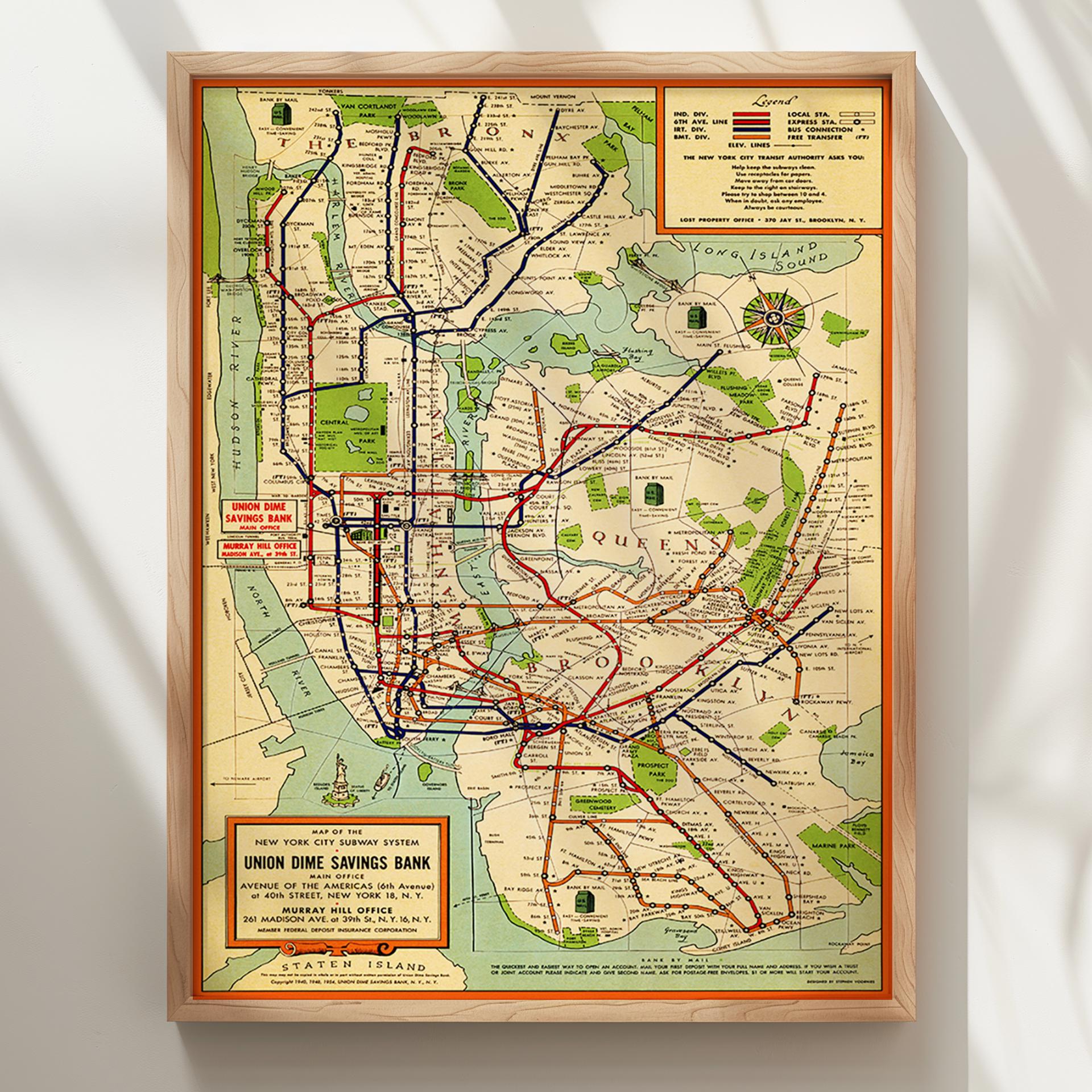 ヴィンテージのニューヨーク市地下鉄路線図ポスター：歴史的な交通
