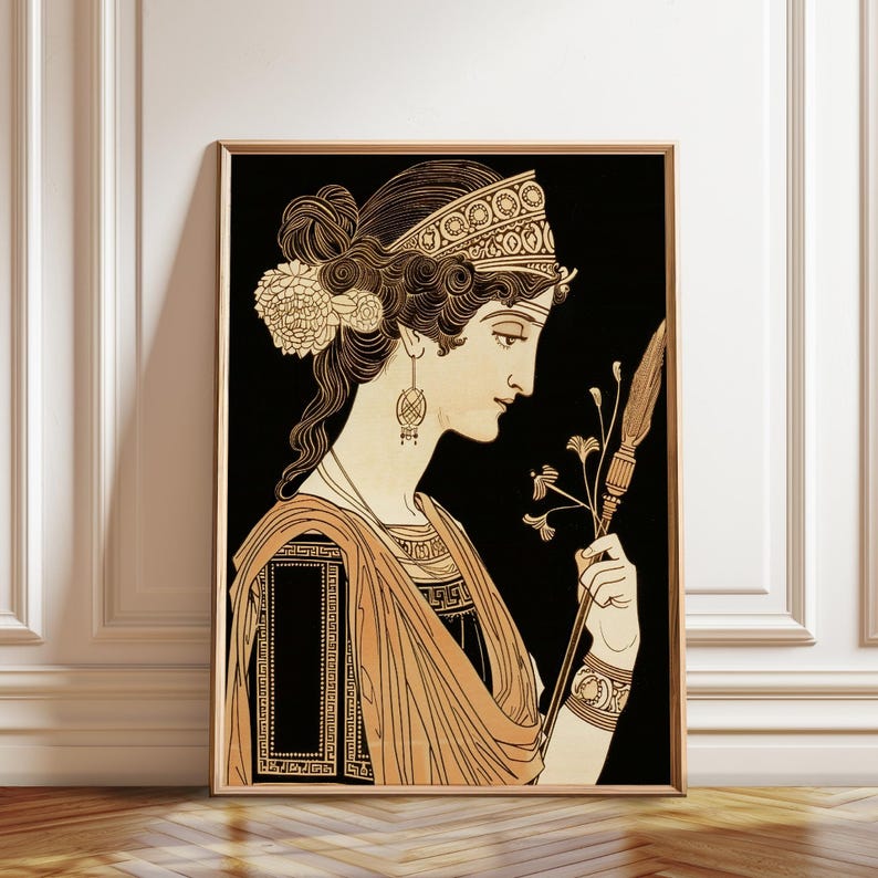 May include: A framed wall art print featuring a profile illustration of a person with elaborate curly hair, a decorative headband, and dangling earrings. The figure wears a draped garment and holds a thin, pointed staff against a black background.