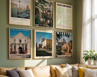 San Antonio Posters Set of 6 | River Walk, Alamo and Texas Mission Prints | Southwestern Travel Wall Art