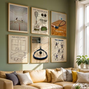 May include: A gallery wall featuring six framed posters related to squash. The prints include diagrams of a squash court, illustrations of squash gear, instructional swing techniques, and action shots of players on a court with text overlays.