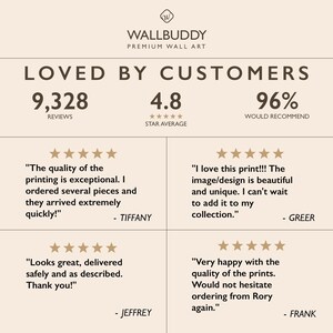 May include: A beige informational graphic titled WALLBUDDY PREMIUM WALL ART. It displays customer statistics: 9,328 reviews, a 4.8 star average, and 96% recommendation rate. Four customer testimonials with five-star ratings are included.