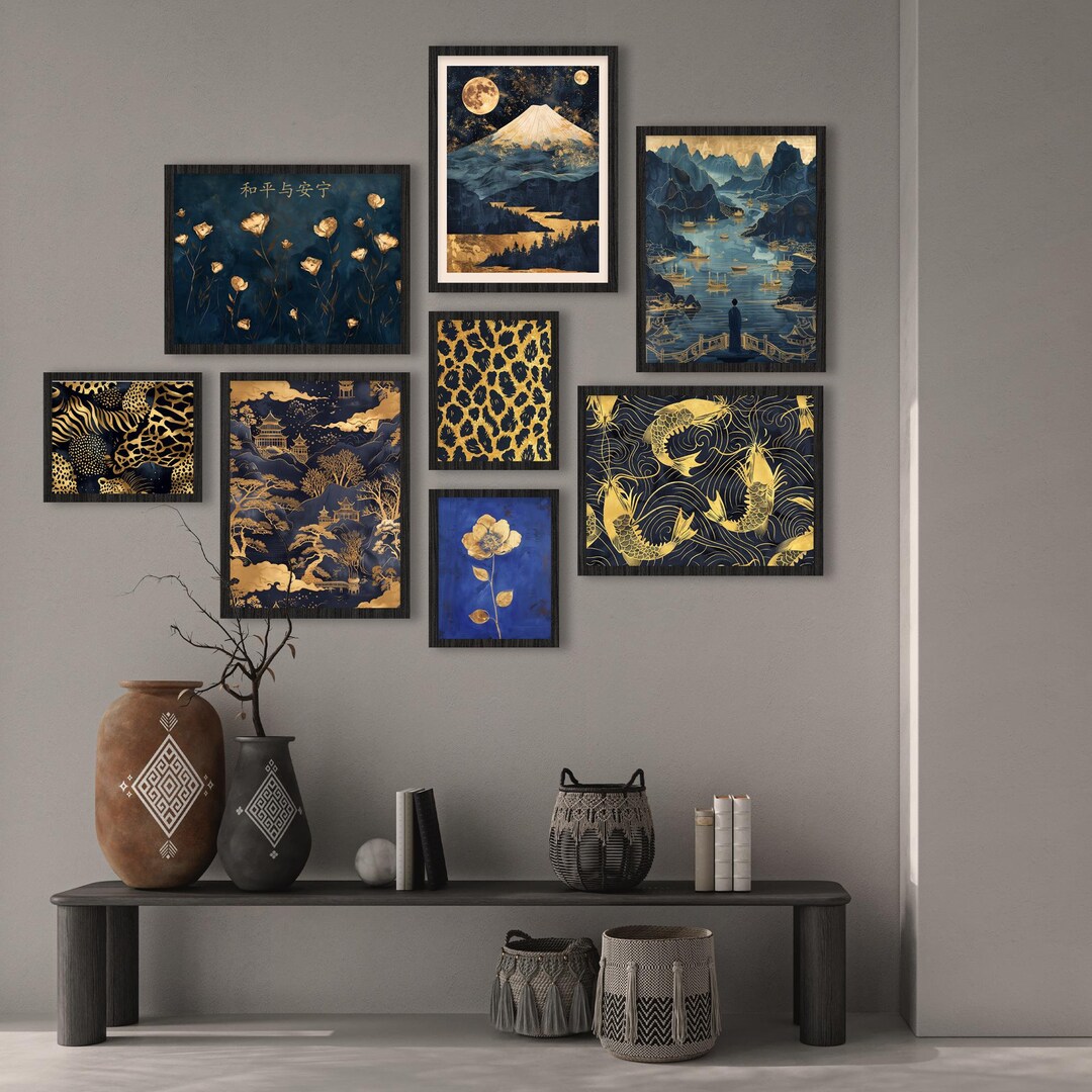 Blue and Gold Gallery Wall Art Japanese Nature Inspired Art Set of 8 ...