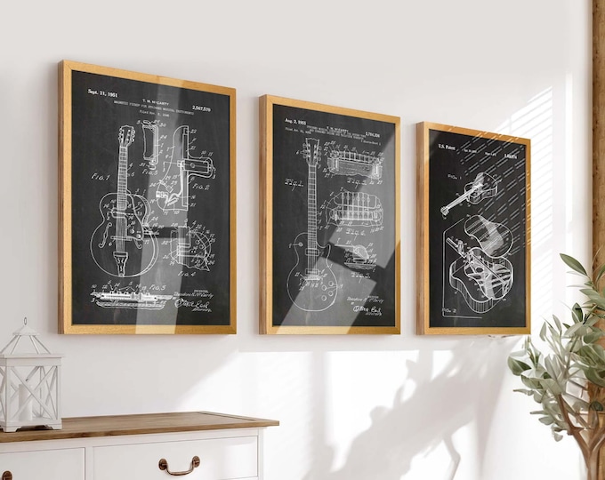 Musical Masterpieces: Set of 3 Guitar Patent Posters - Perfect Wall Art for Musicians and Guitar Enthusiasts - Music Room Decor - WB634-636