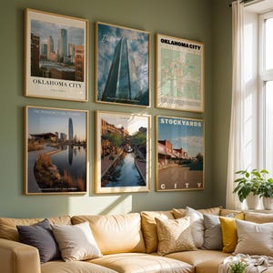 May include: Six framed vertical wall art prints featuring Oklahoma City landmarks including the Devon Tower, Scissortail Park, and the Stockyards. Each print displays a specific location name in bold text, presented in light wood frames on a green wall.