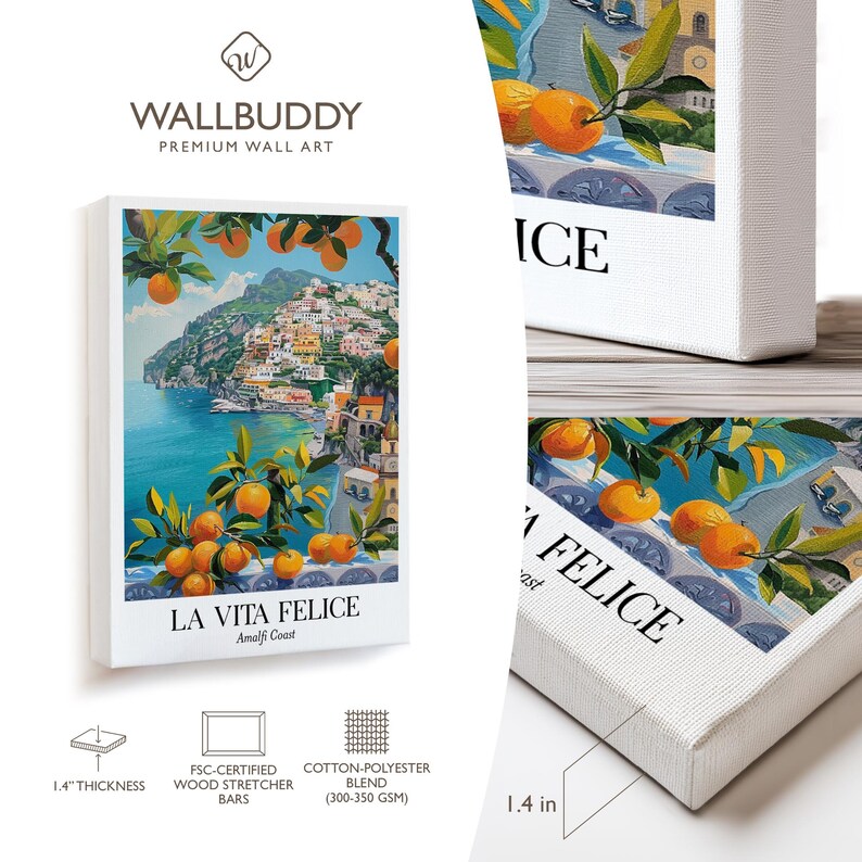 Peut inclure: Une impression sur toile rectangulaire intitul&eacute;e LA VITA FELICE Amalfi Coast, repr&eacute;sentant un paysage c&ocirc;tier avec des orangers au premier plan et des b&acirc;timents sur une falaise. La toile a une &eacute;paisseur de 3,5 cm et est mont&eacute;e sur des barres en bois.