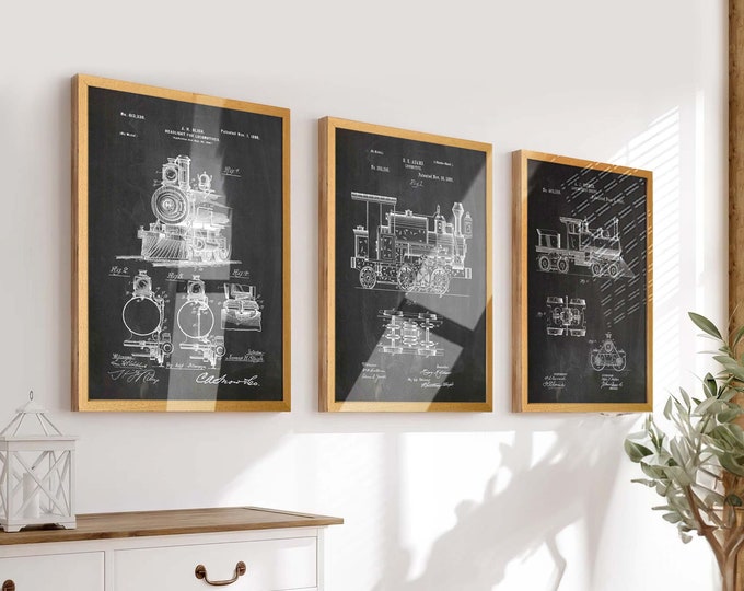 Full Steam Ahead: Set of 3 Locomotive Patent Posters - Vintage Railroad Wall Art for Train Enthusiasts and History Buffs - WB543-545