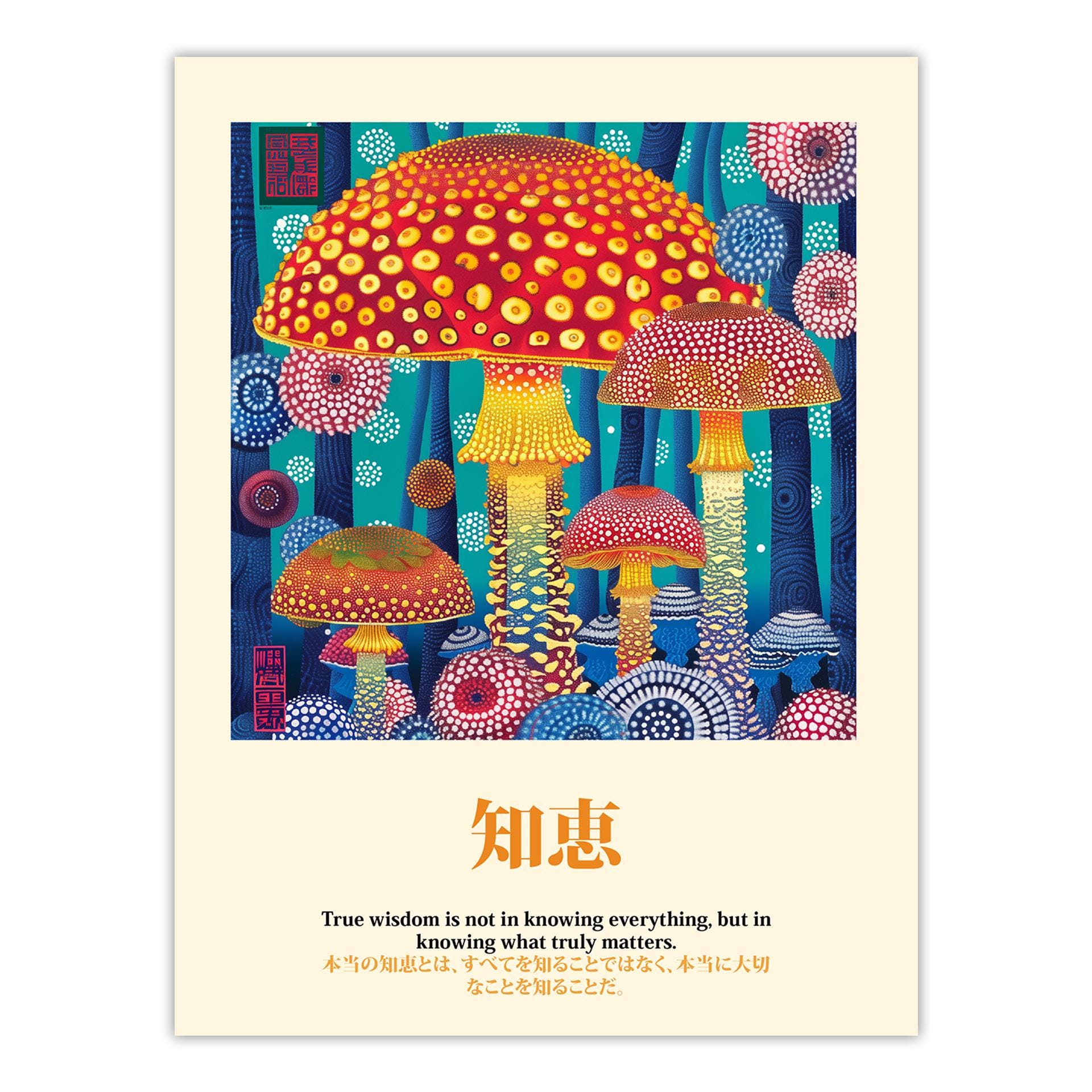 きのこの知恵アートプリント：サイケデリックなドット絵、日本の名言