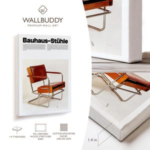 May include: A rectangular canvas wall art print titled Bauhaus-St&uuml;hle featuring a brown leather and chrome chair. The canvas has a 1.4 inch thickness, FSC-certified wood stretcher bars, and a cotton-polyester blend fabric with a 300-350 GSM weight.