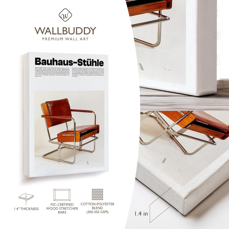 May include: A rectangular canvas wall art print titled Bauhaus-St&uuml;hle featuring a brown leather and chrome chair. The canvas has a 1.4 inch thickness, FSC-certified wood stretcher bars, and a cotton-polyester blend fabric with a 300-350 GSM weight.