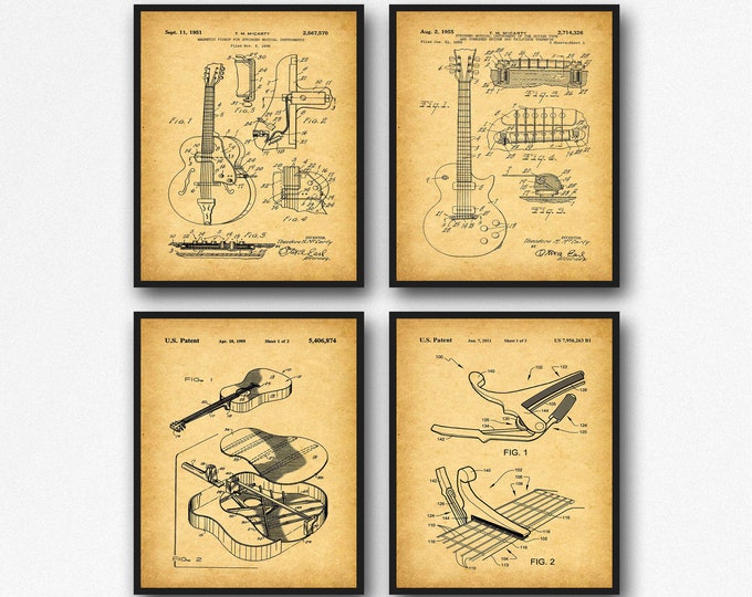 Guitar Posters Set of 4 Guitar Prints for Audio Room