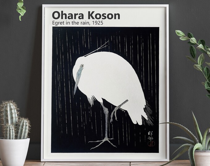 Serene Egret in the Rain by Ohara Koson: Japanese Woodblock Poster from 1925 for Home Decor Japanese Woodblock Poster Modern Japan Poster