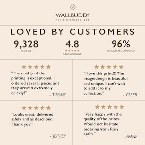 May include: A beige informational graphic titled WALLBUDDY PREMIUM WALL ART. It displays customer statistics: 9,328 reviews, a 4.8 star average, and 96% recommendation rate. Four customer testimonials with five-star ratings are included.