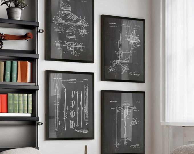 Vintage Ski Patent Poster Set of 4: Elevate Your Ski Cabin Decor with Classic Winter Sports Art - Perfect Gift for Avid Skiers - WB221