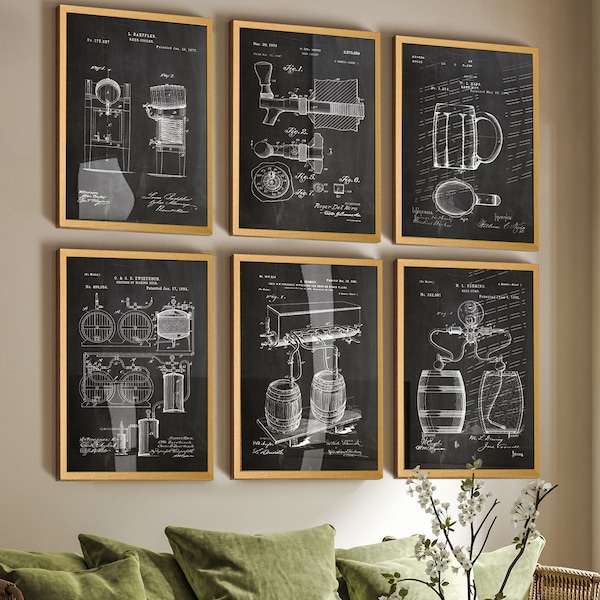 Set of 6 Inventions of Beer Brewing Process Patent Wall Posters - Unique Beer Making Ambiance for Pub, Bar, Restaurant and Home Bar Wall Art