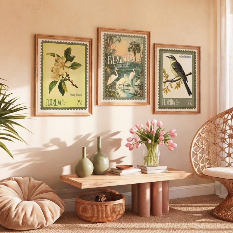 May include: Three framed vintage-style prints with botanical and wildlife themes. The prints feature images of flowers, birds, and the Everglades National Park. Each print has a postage stamp design with the word "FLORIDA" and a price of 25p.