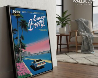 Neon Miami Sunset Poster, Retro 80s Coastal Drive Art Print With
