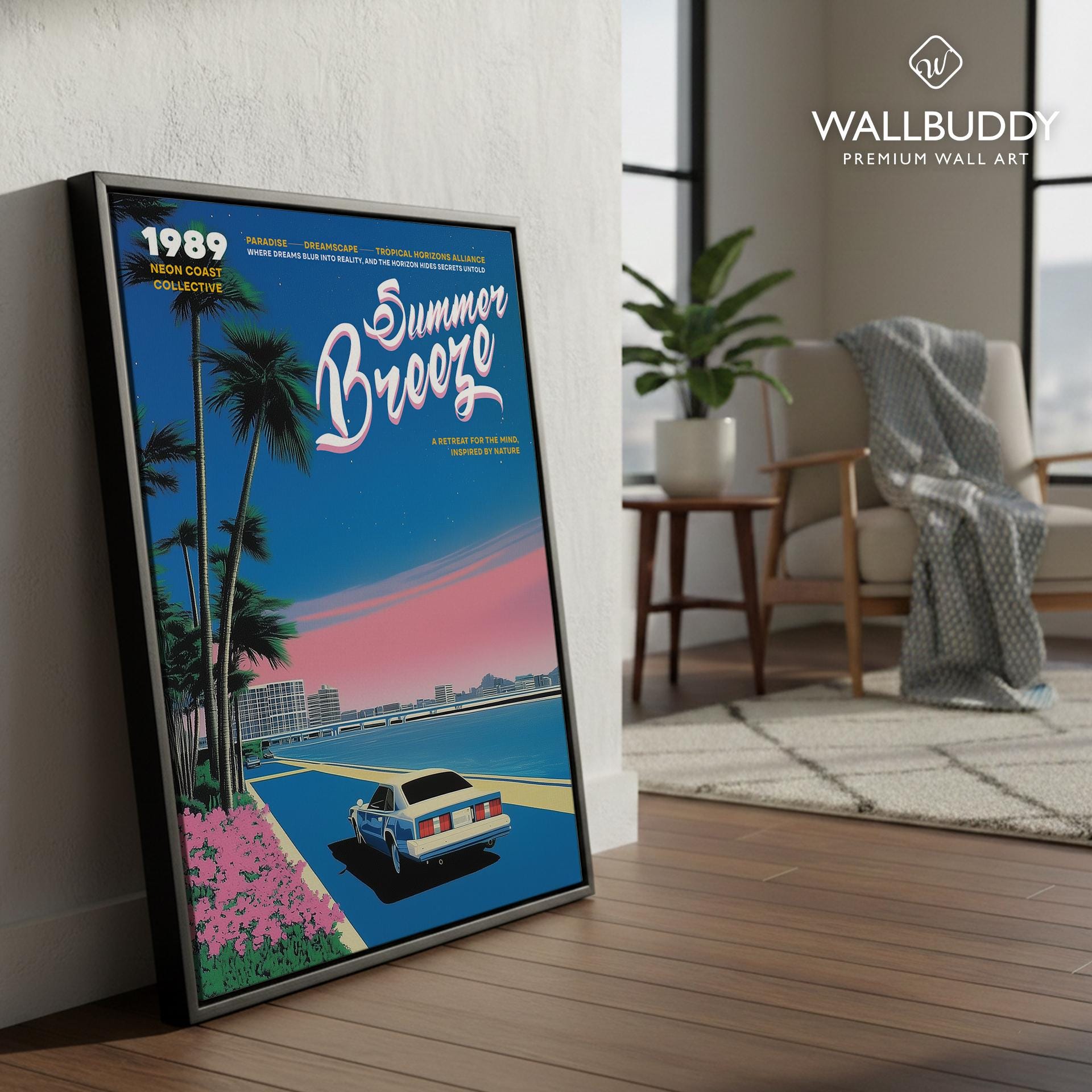 Neon Miami Sunset Poster, Retro 80s Coastal Drive Art Print With