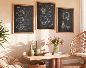 Basketball Patent Art Prints (Set of 3): Hoop, Ball & Net - Sports Wall Decor