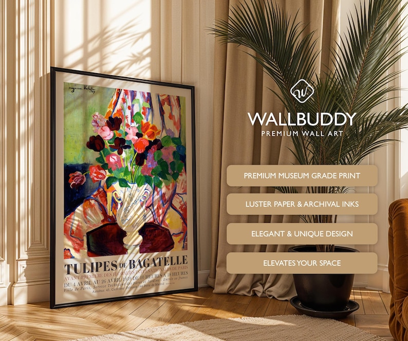 May include: A framed art print titled Tulipes de Bagatelle featuring a colorful floral arrangement in a vase with red, pink, and orange tulips. The poster includes text at the bottom and is displayed in a black frame against a wall.