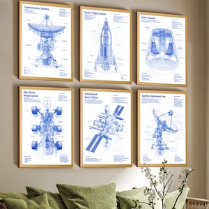 Puede incluir: Un conjunto de seis l&aacute;minas enmarcadas con ilustraciones t&eacute;cnicas en azul de tecnolog&iacute;a espacial, incluyendo un sat&eacute;lite de comunicaciones, una etapa de cohete, una c&aacute;psula espacial, un sistema de ruedas de rover marciano, una estaci&oacute;n espacial y un brazo satelital.