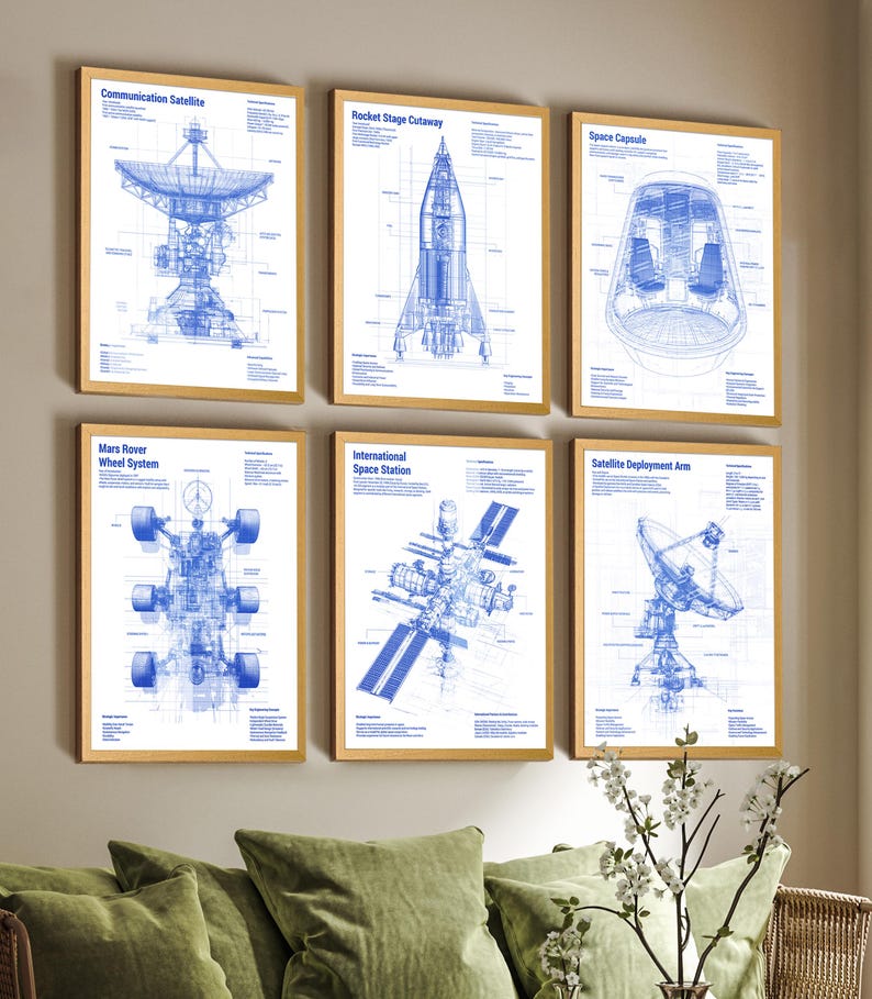 Puede incluir: Un conjunto de seis l&aacute;minas enmarcadas con ilustraciones t&eacute;cnicas en azul de tecnolog&iacute;a espacial, incluyendo un sat&eacute;lite de comunicaciones, una etapa de cohete, una c&aacute;psula espacial, un sistema de ruedas de rover marciano, una estaci&oacute;n espacial y un brazo satelital.