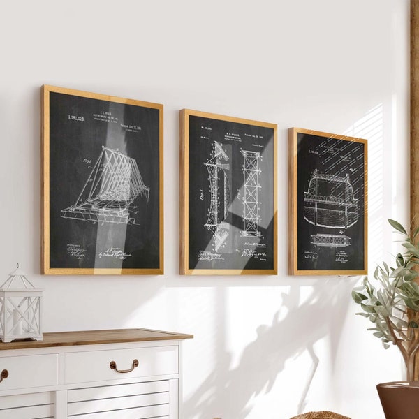 Engineering Excellence: Set of 3 Bridge Design Blueprint Patent Wall Posters - Ideal Bridge Wall Art for Enthusiasts & Engineers - WB600-603