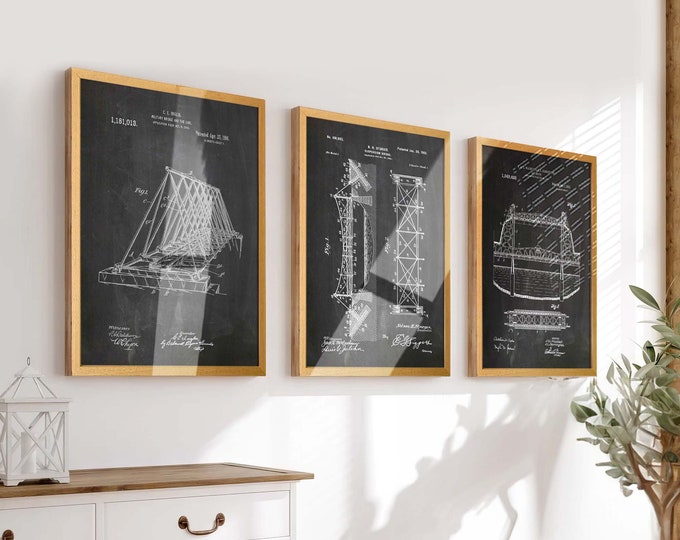 Engineering Excellence: Set of 3 Bridge Design Blueprint Patent Wall Posters - Ideal Bridge Wall Art for Enthusiasts & Engineers - WB600-603