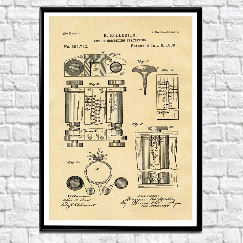 Hollerith Machine Poster Computer Poster First Computer Patent Print Computer Science Computer Wall Art Computer Decor First Computer WB155