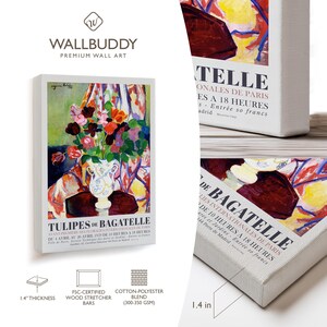 May include: A rectangular canvas wall art print titled Tulipes de Bagatelle featuring a colorful floral bouquet in a white vase. The canvas has a 1.4 inch thickness, FSC-certified wood stretcher bars, and a cotton-polyester blend fabric texture.