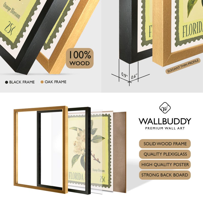 May include: Framed wall art with a Florida theme, available in black and oak frames. The frames measure 2.3 cm and 1.5 cm. The artwork features an orange blossom design and the word "FLORIDA". The frames are made of 100% wood.