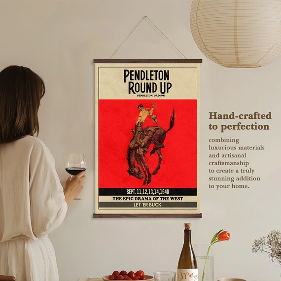 Vintage Pendleton Round up Wall Hanging Let er Buck Rodeo Cowboy Artwork Printed on Premium Canvas With Real Walnut Wooden Hangers Etsy Canada