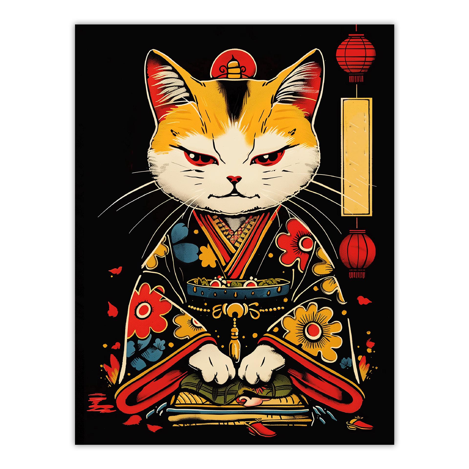 サムライキャットアートプリント - 日本の着物戦士猫イラストポスター