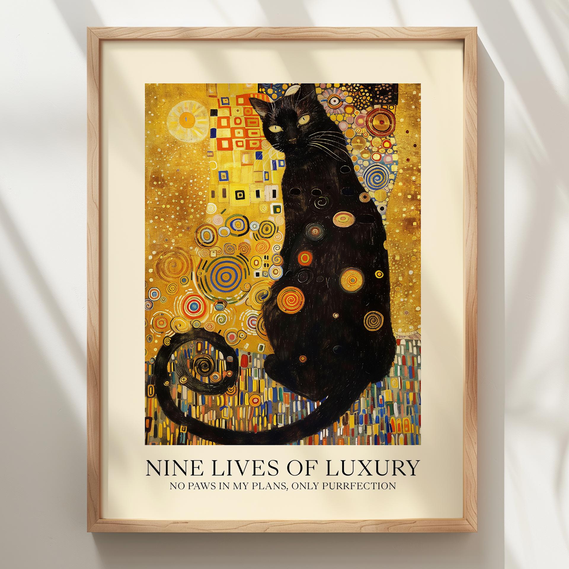 クリムトにインスパイアされた黒猫のアートプリント：豪華な猫の装飾