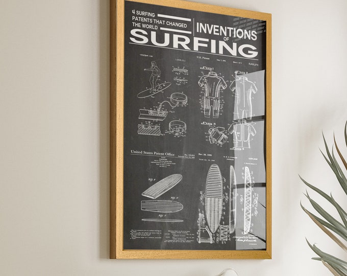 Vintage Surfboard Patent Print - 1950 Inventions of Surfboard Poster -Coastal Wall Art for Beach House Decor - Win 32